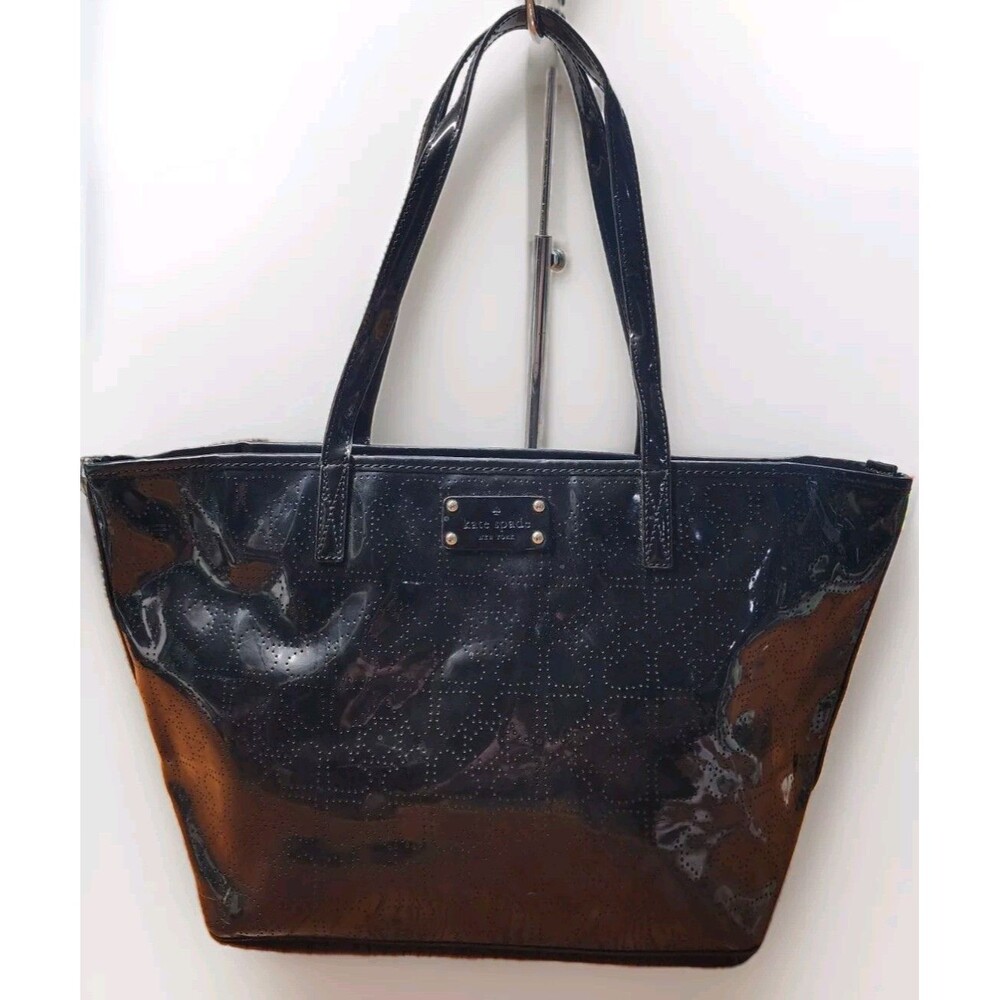 Kate Spade Black Perforated Harmony Metro Patent Leather Heart Tote Bag